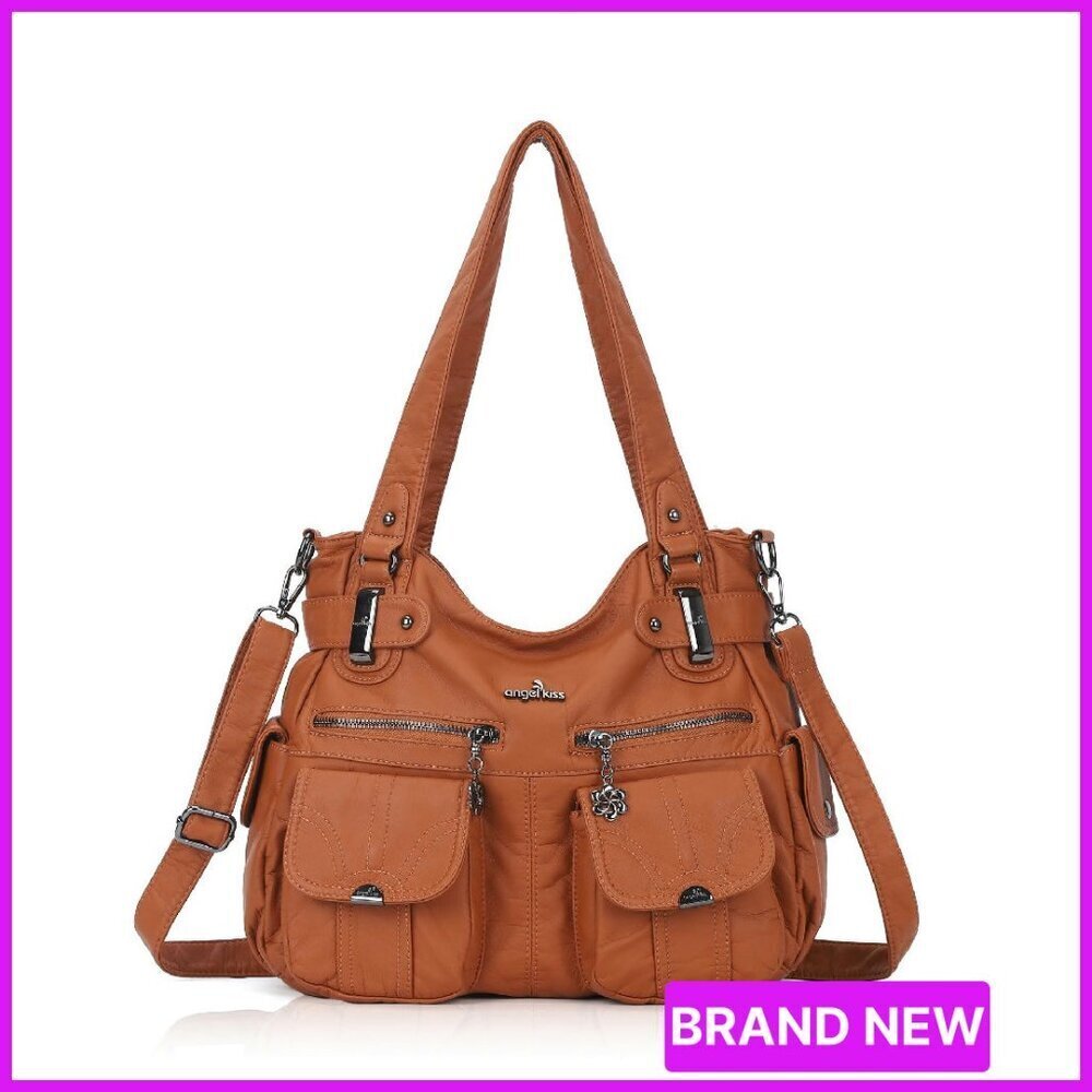 Large Double Zipper Leather Shoulder Bag Multi Pocket Designer Purse Chic